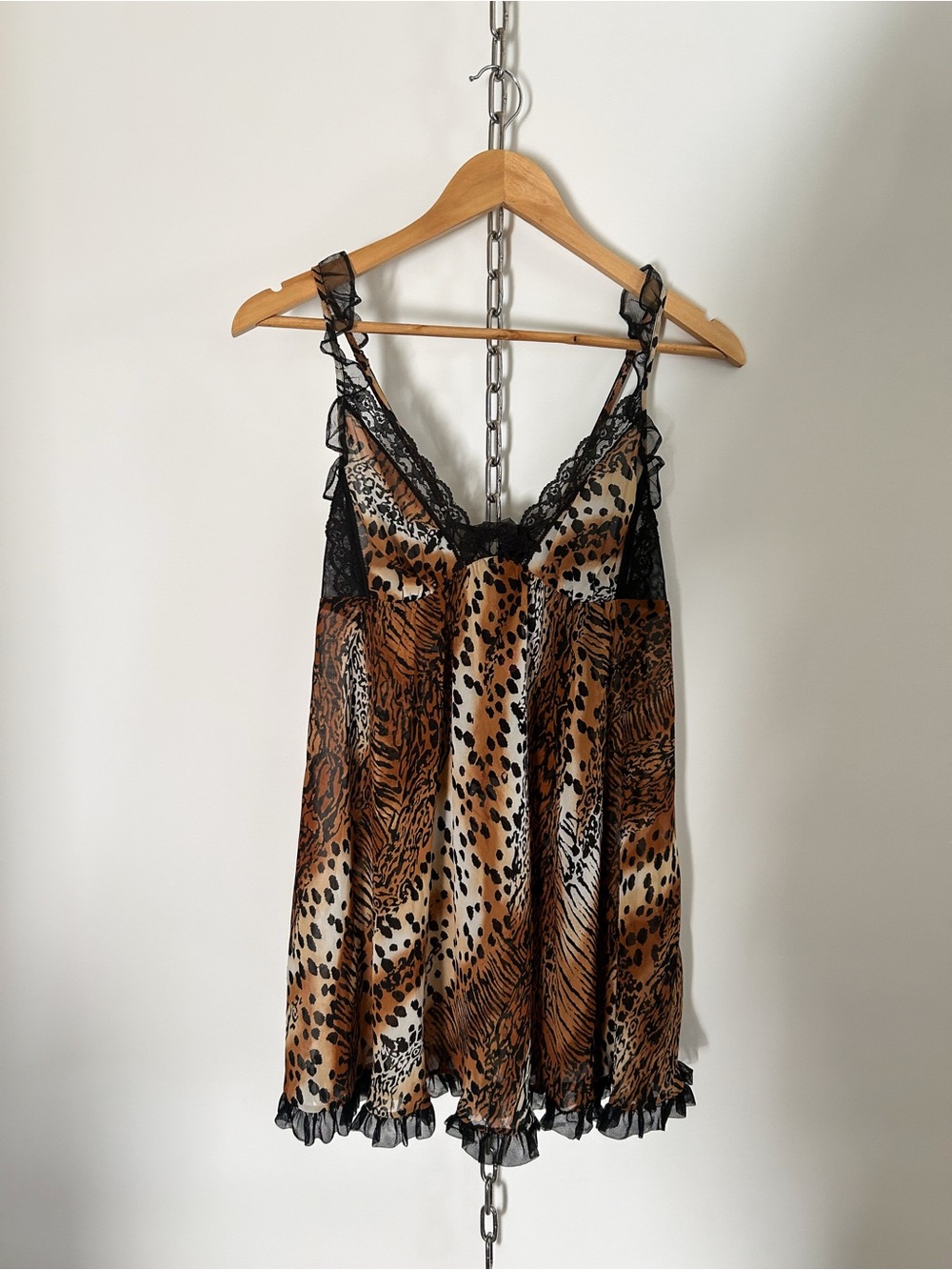 Y2K Betsey Johnson Leopard Print Babydoll Slip Dress with Black Lace Details